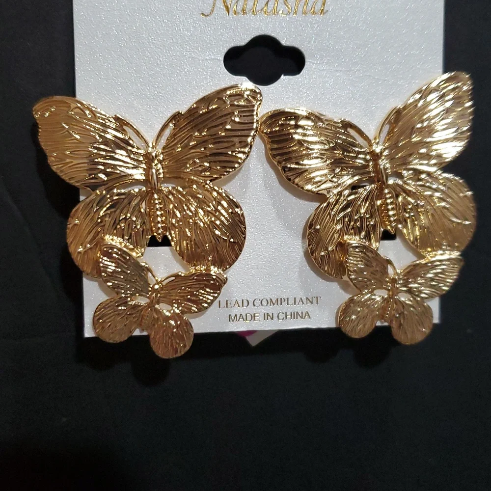 Natasha couture gold tone 2 stacked butterfly latchback‎ earrings brand new